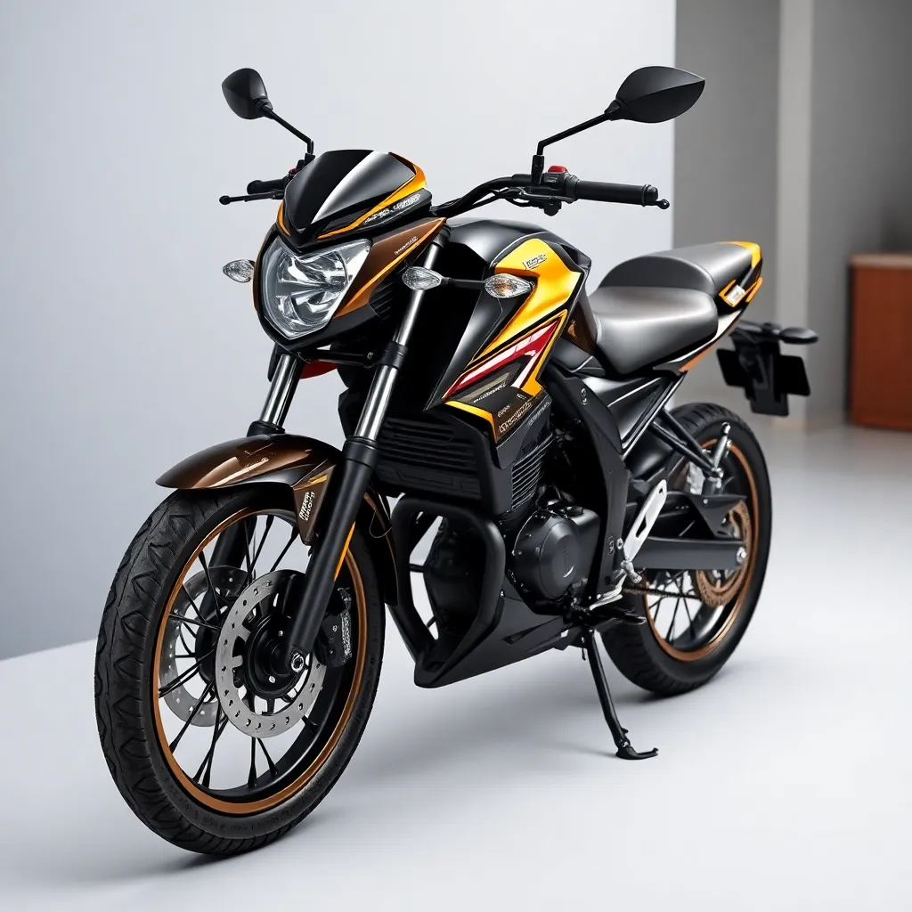 Gambar spare part motorsikal berkualiti tinggi berwarna hitam dan kuning emas di atas latar putih