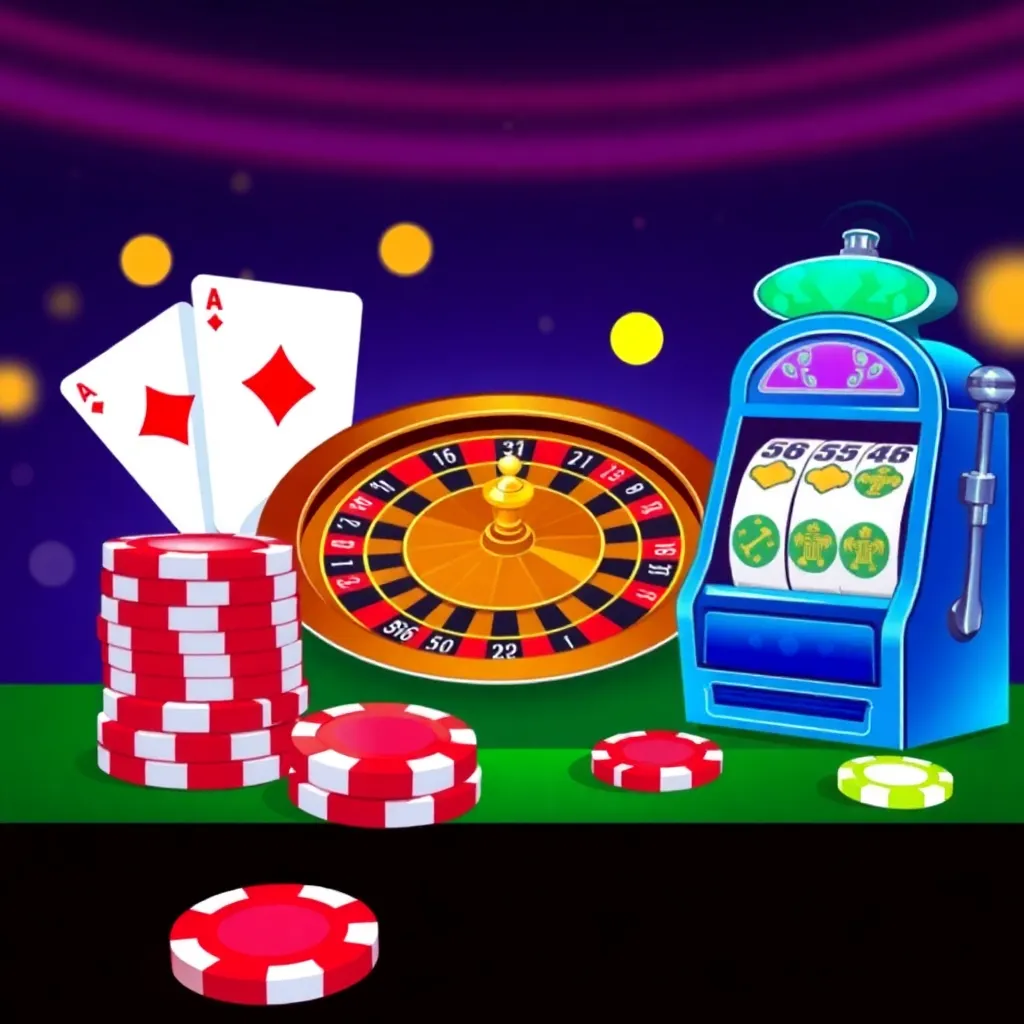 Illustration of casino chips, roulette wheel, and slot machine representing casino games