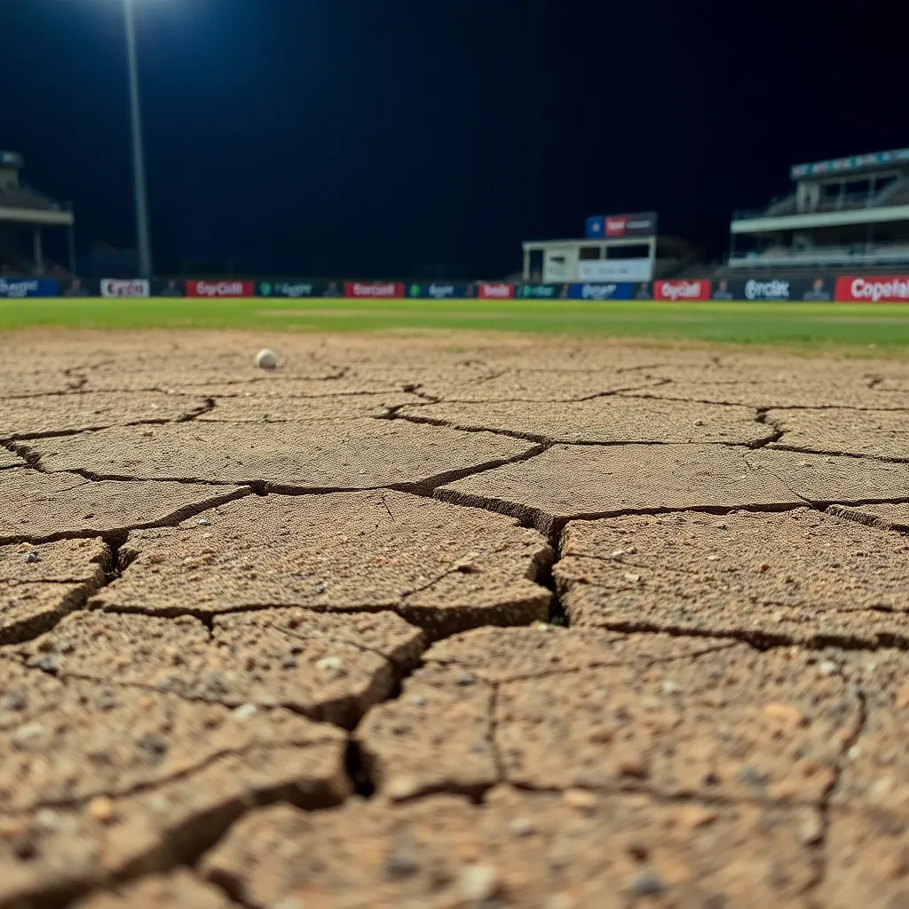 Close-up image of the Chepauk cricket pitch showing dry, slow surface with visible cracks and rough patches, ideal for spin bowling in IPL 2025 match