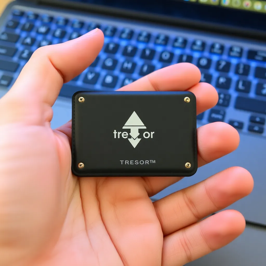 Person holding Trezor Model T hardware wallet in hand with keyboard background