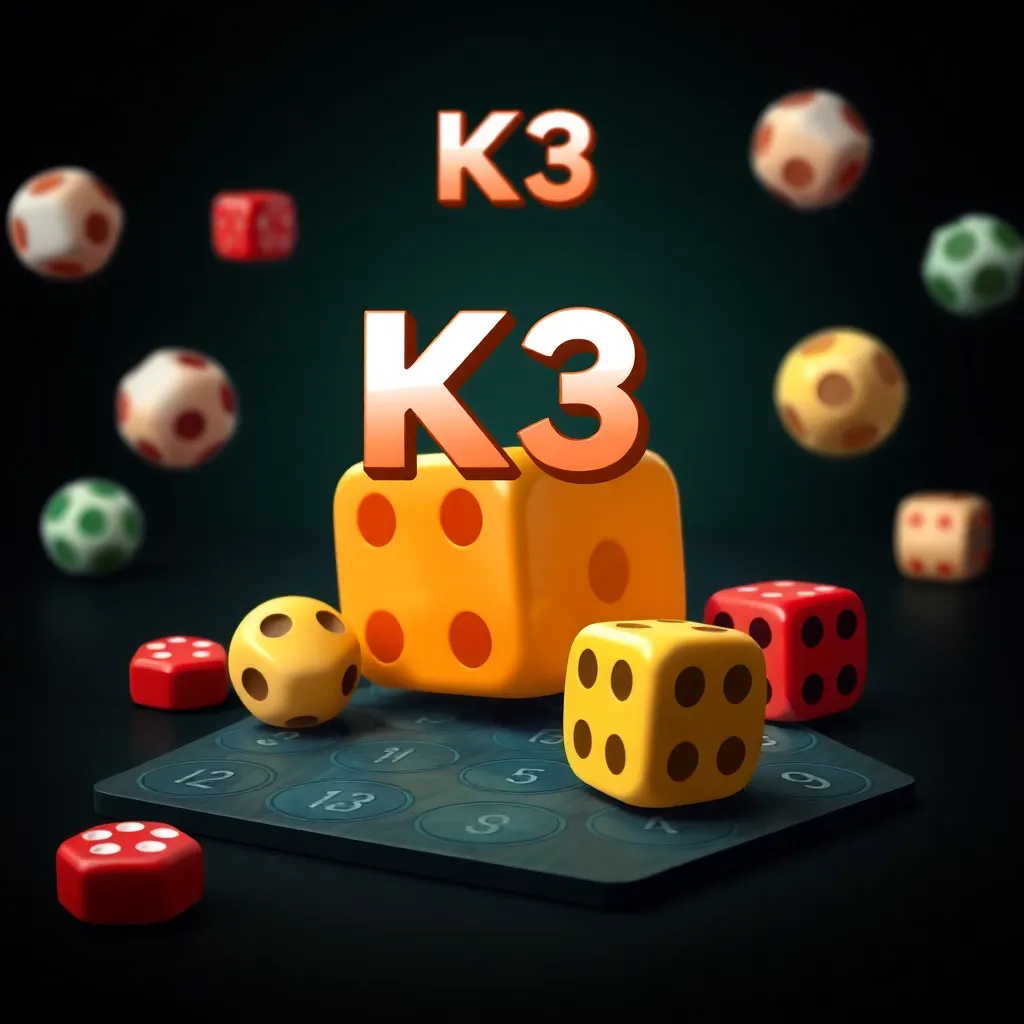 Screenshot of K3 lottery game showing dice and strategic game elements on a dark background