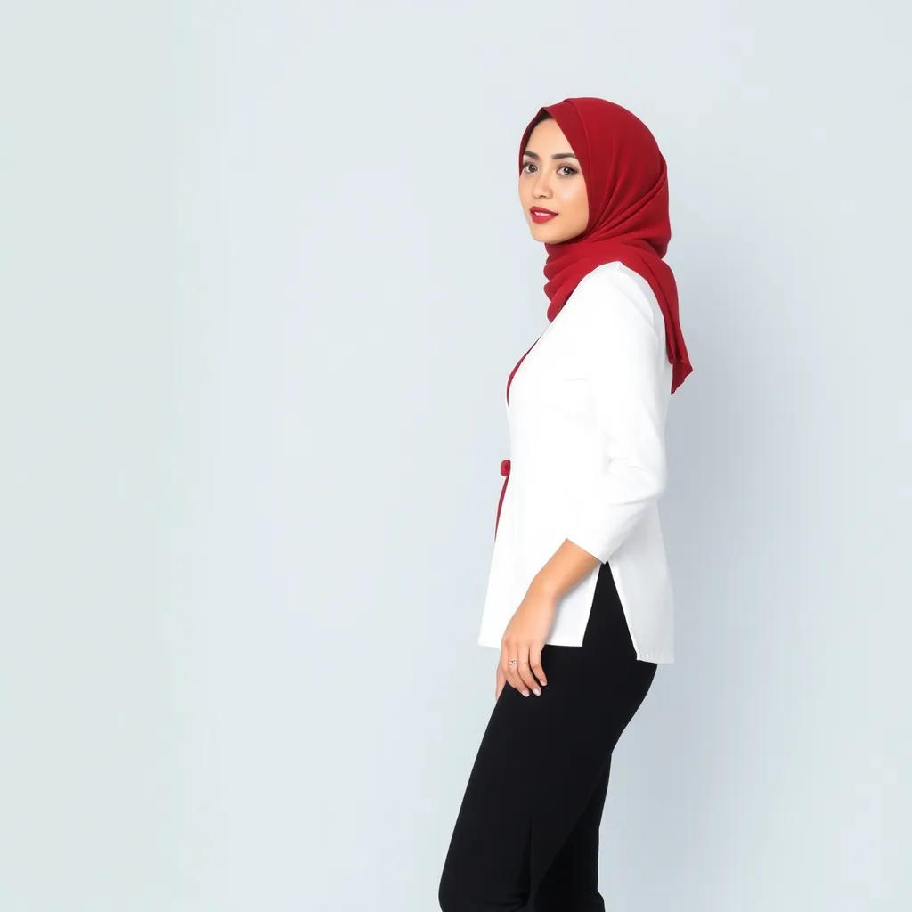 Seorang wanita muda mengenakan pakaian wanita elegan berwarna merah muda dengan latar belakang minimalis putih dan aksen bunga