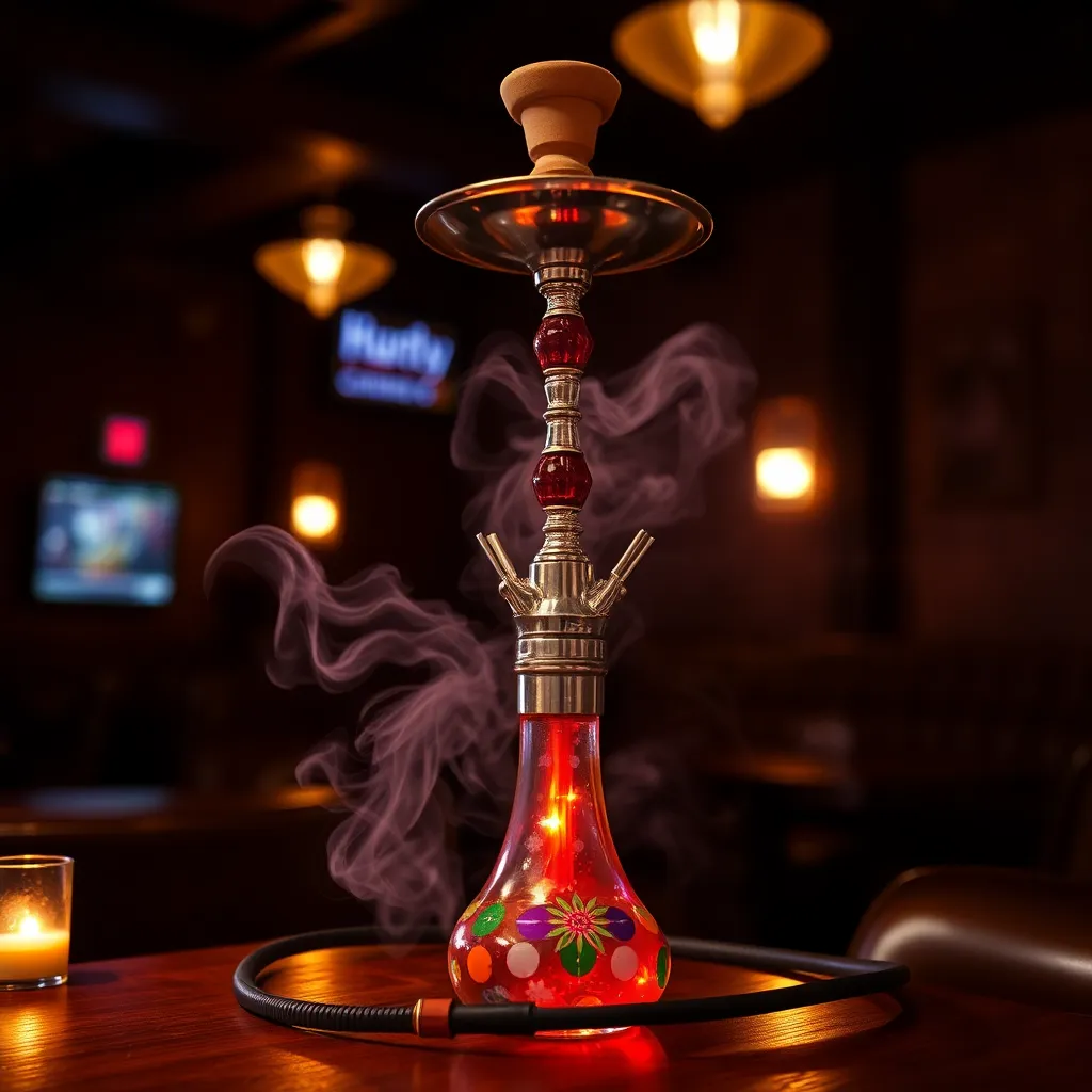 Traditional shisha hookah pipe with colorful glass base and smoke swirling in a dimly lit lounge setting