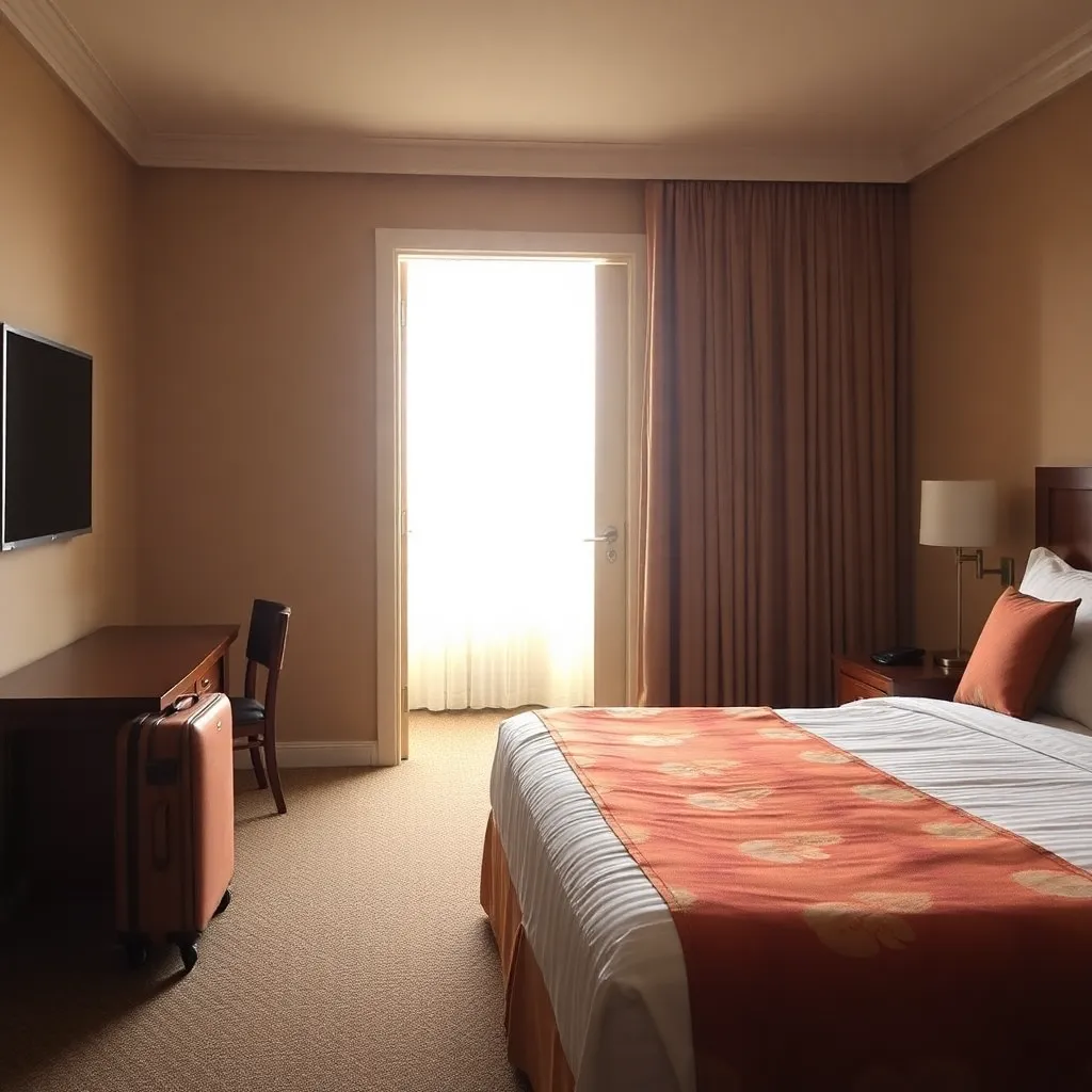 Hotel room with suitcase and doorway