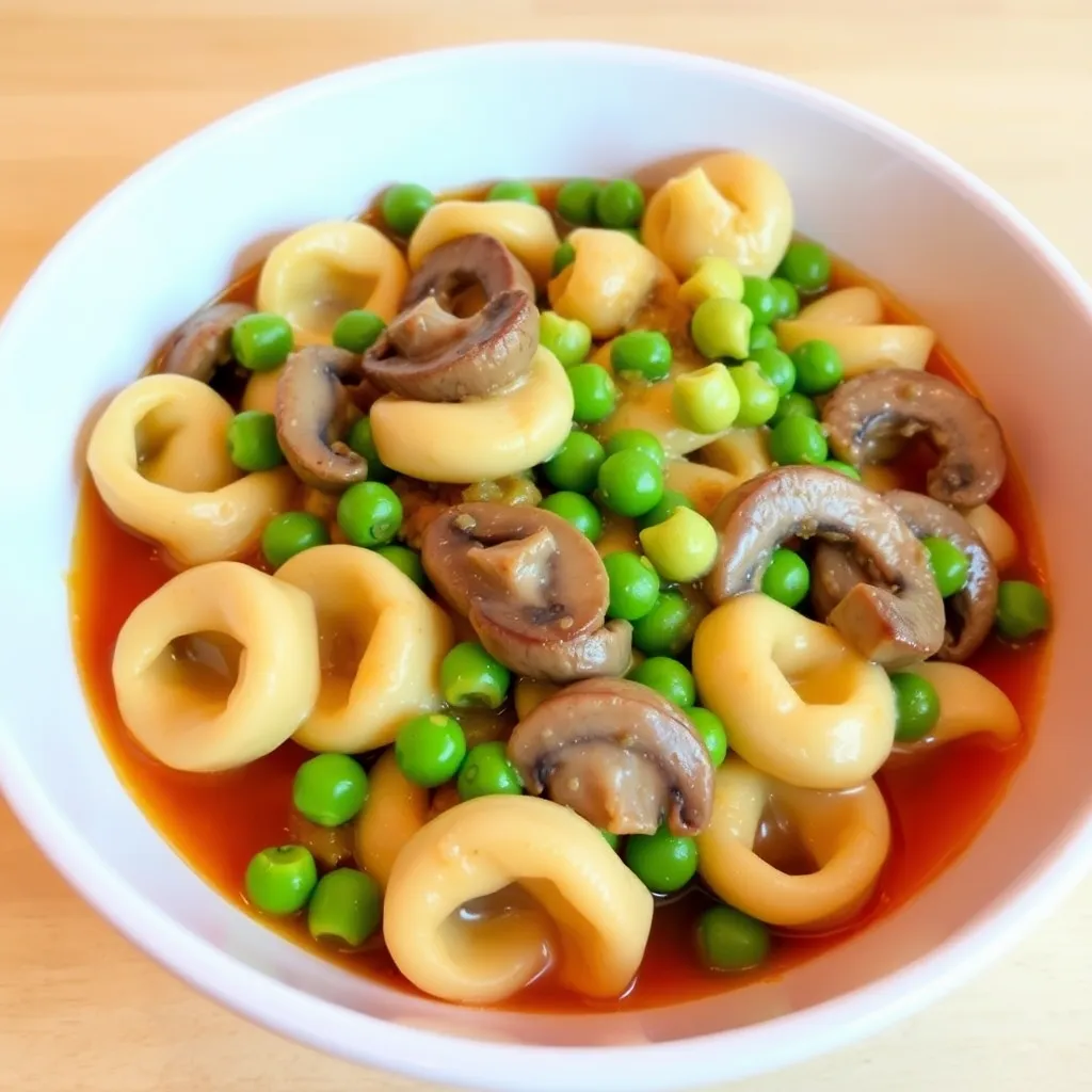 Bowl of vegetarian dinner with tortellini, peas, mushrooms, and sauce