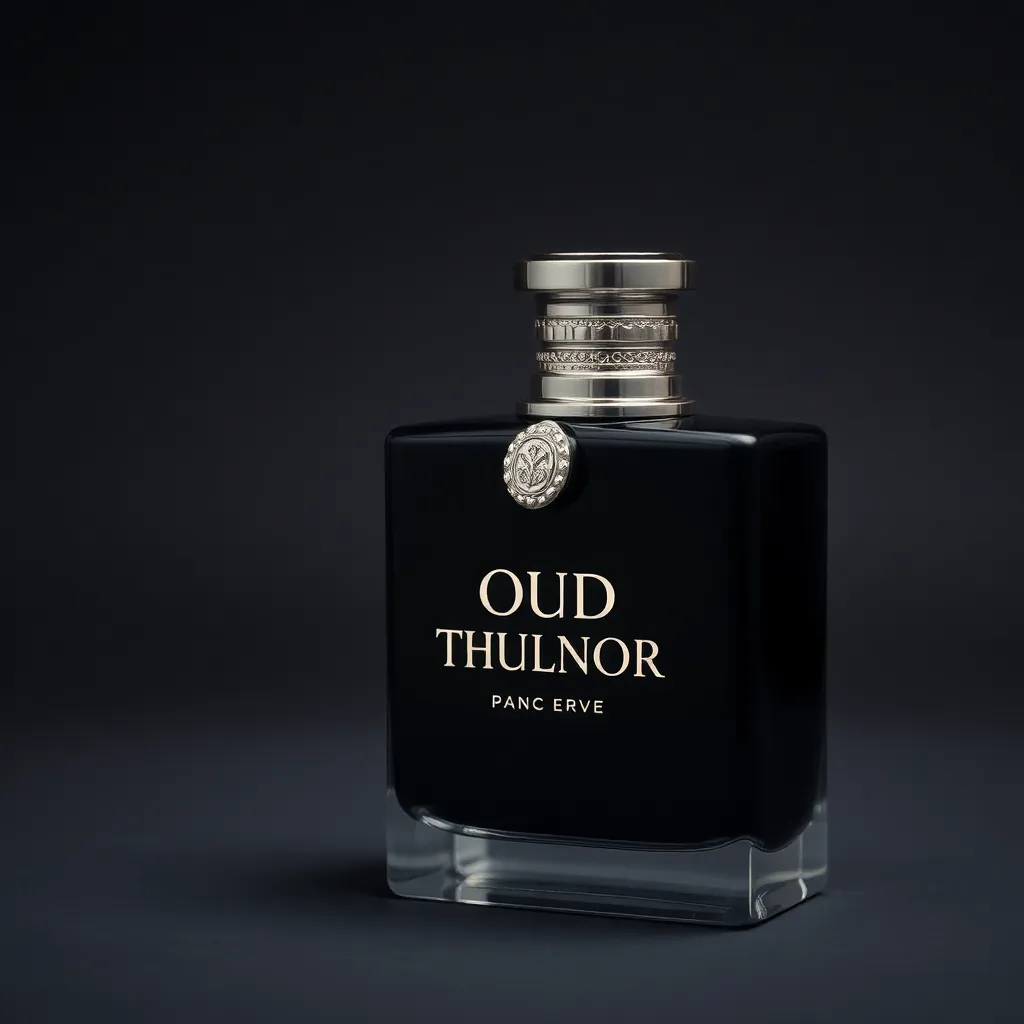 Oud Thulnor perfume bottle with glossy black finish and silver details, luxurious and bold design