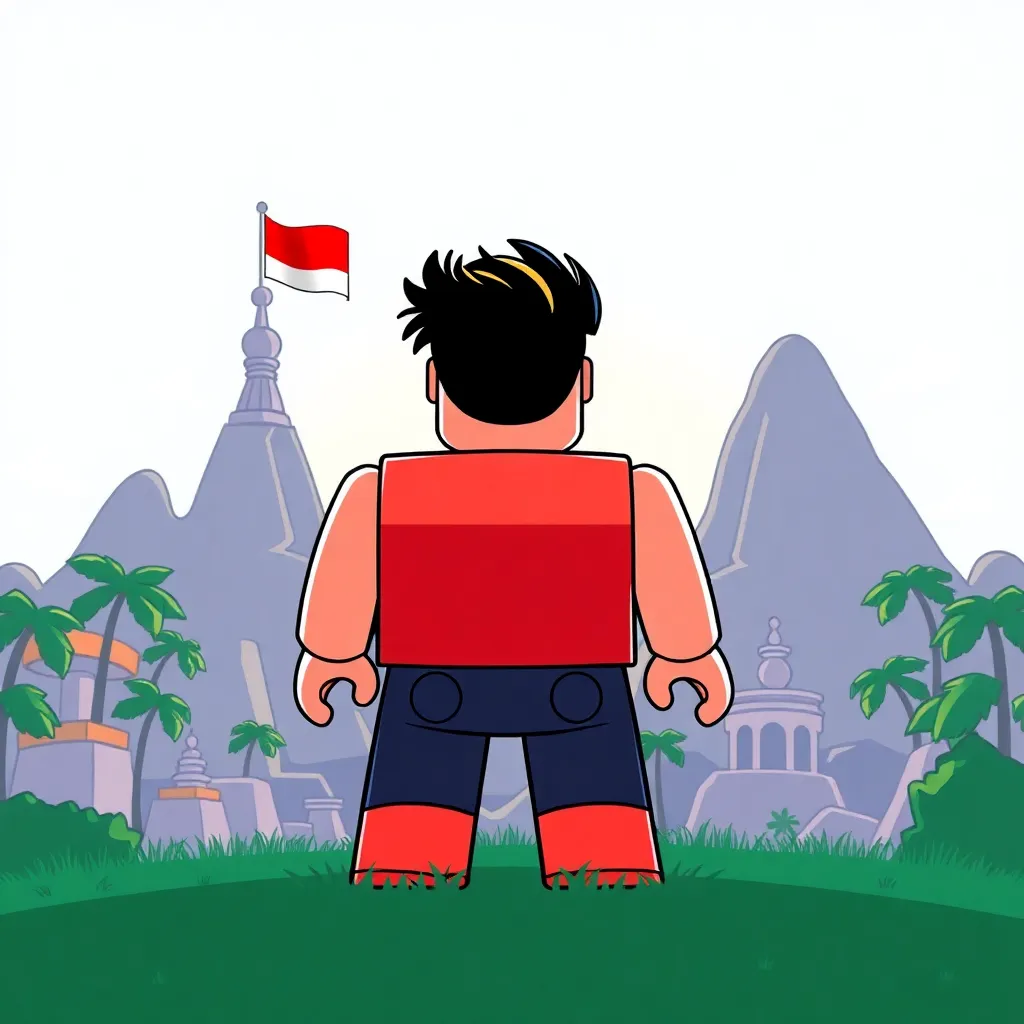 Ilustrasi kontroversi game Roblox dengan latar belakang bendera Indonesia dan ikon peringatan