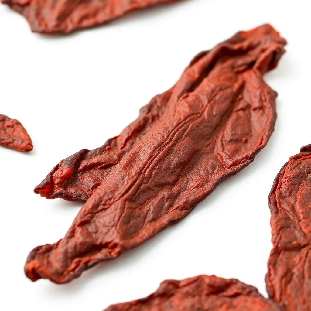 Beef jerky dried meat product on white background