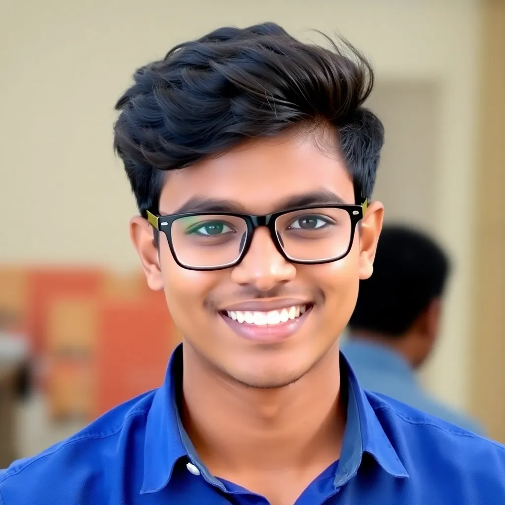 Portrait of Abhishek, a young man wearing glasses and a blue shirt, smiling