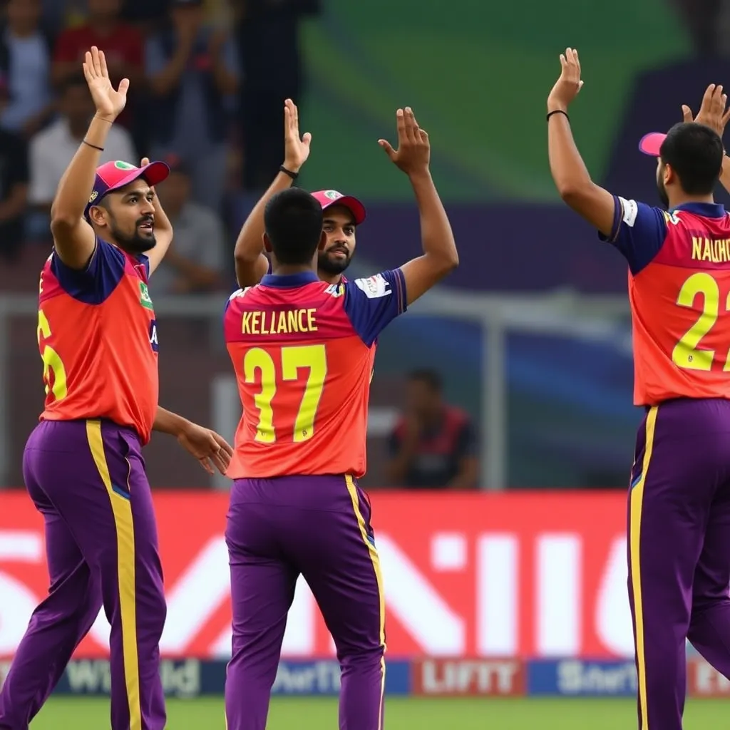 Kolkata Knight Riders spin bowlers celebrating a wicket against Delhi Capitals in IPL match