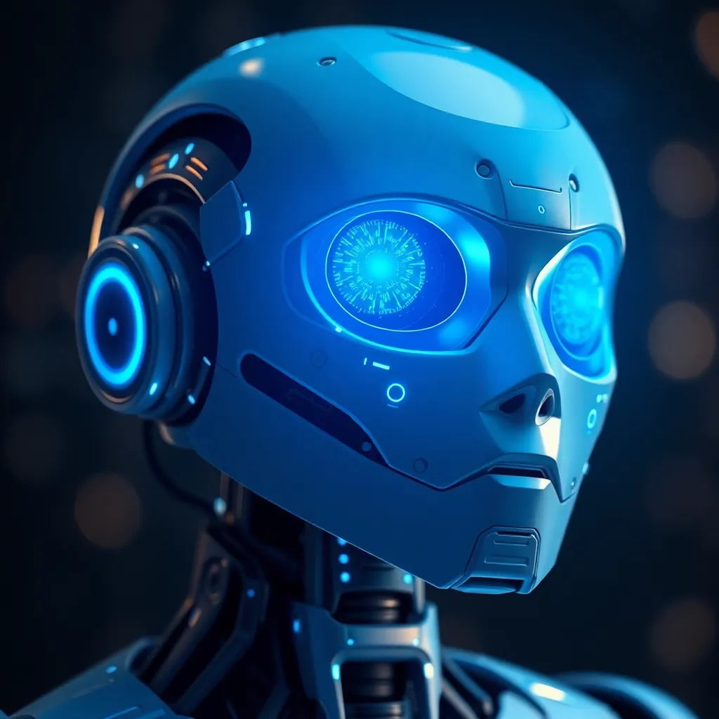 Background image of a futuristic AI robot with glowing blue eyes and digital circuits, representing advanced artificial intelligence technology