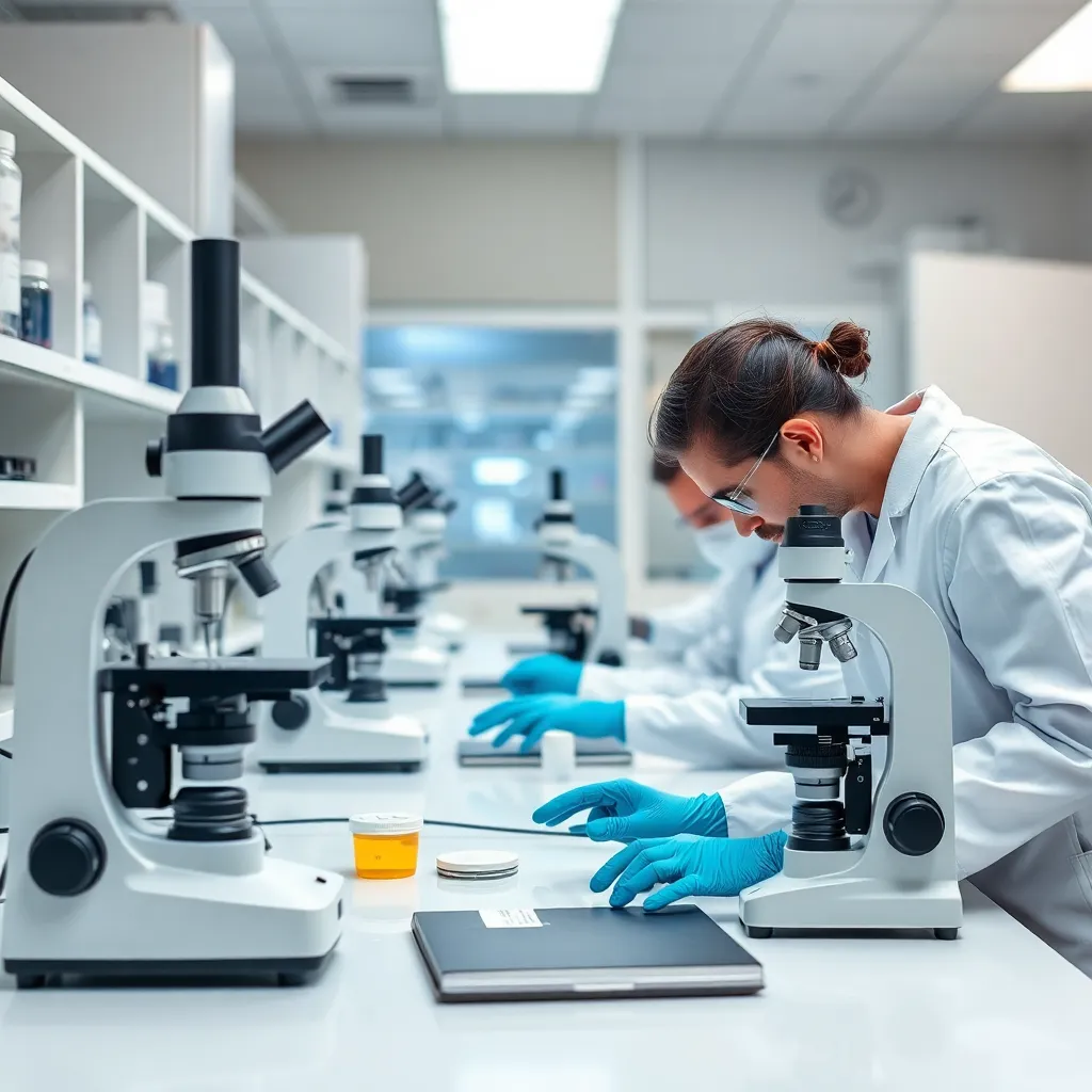 Laboratory room with microscopes and lab technicians working, high-tech environment