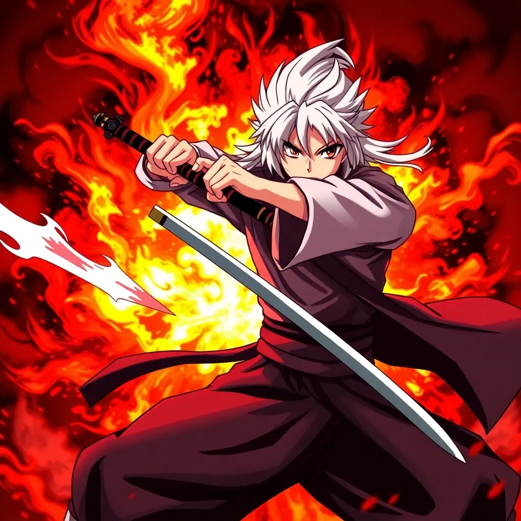Demon Slayer anime character wielding katana sword in battle stance with fiery background