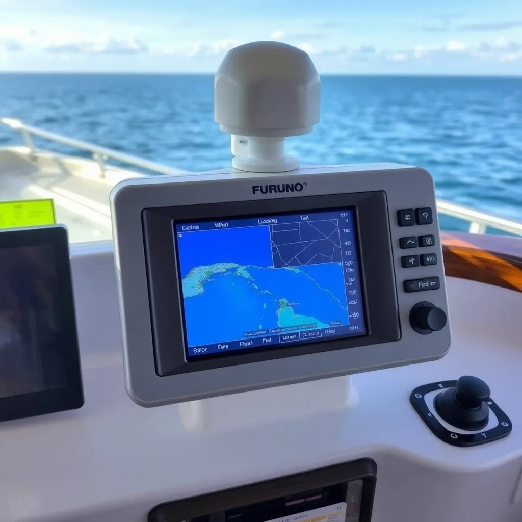 Furuno FAR-2xx7 series radar device on ship bridge, showing a modern radar screen with nautical charts and controls