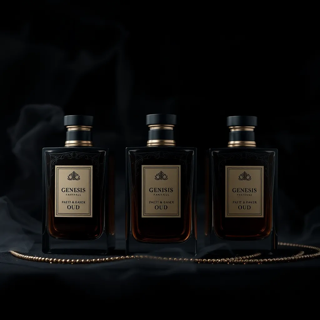 Dark Genesis set image showing three elegant oud perfume bottles on a smoky black background with silver accents