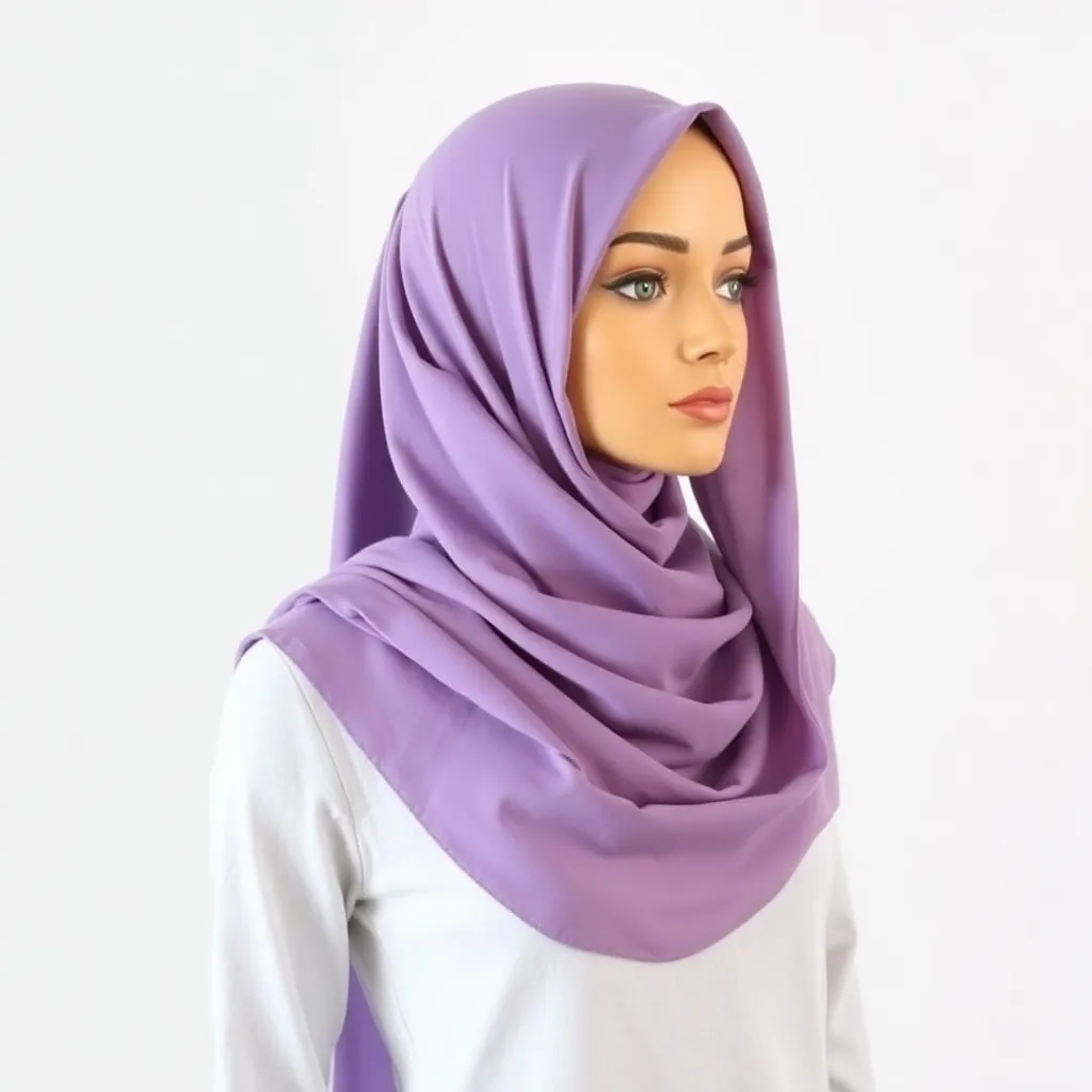 Hijab style recommendation with soft lavender fabric wrapped loosely on a mannequin