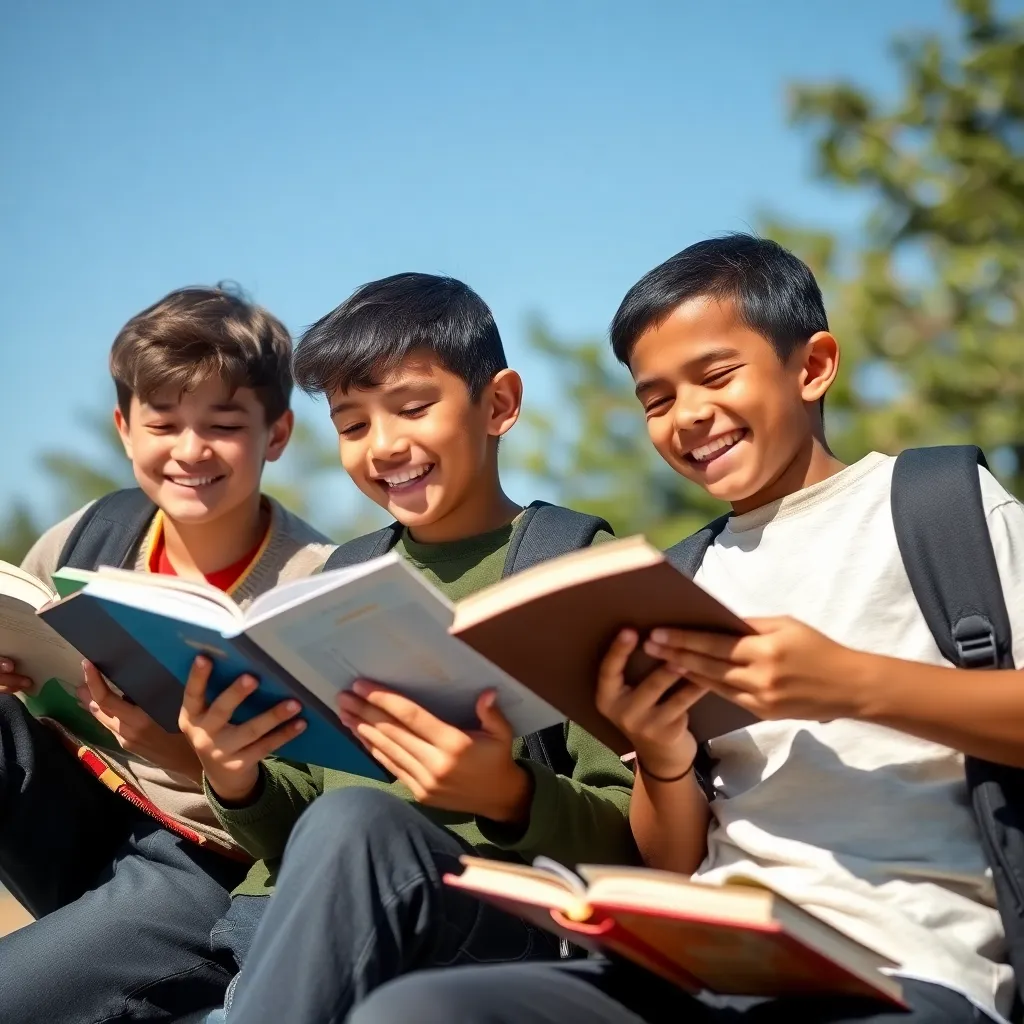 Group of boys students studying outdoors, smiling and reading books