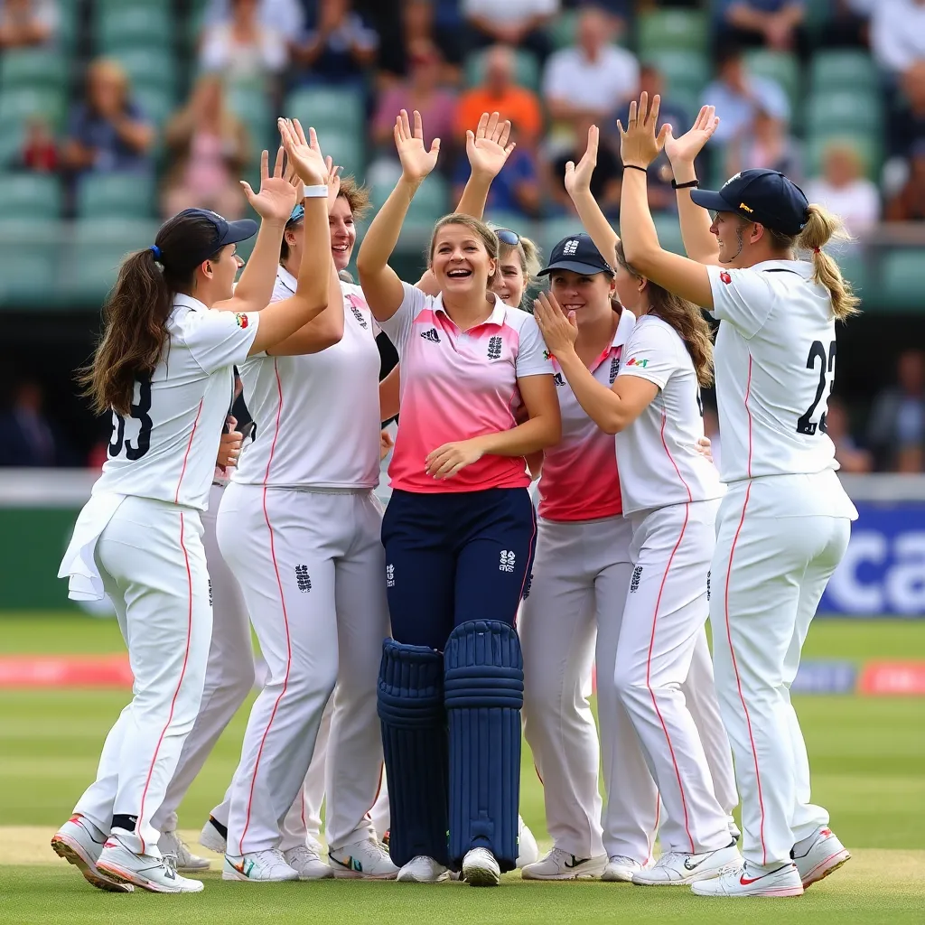 England Women cricket team celebrating a victory on the field at County Ground, Derby, with Heather Knight leading the team despite injury