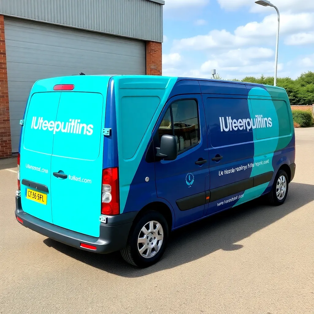 Vehicle branding with colorful wrap on a van in teal and navy colors