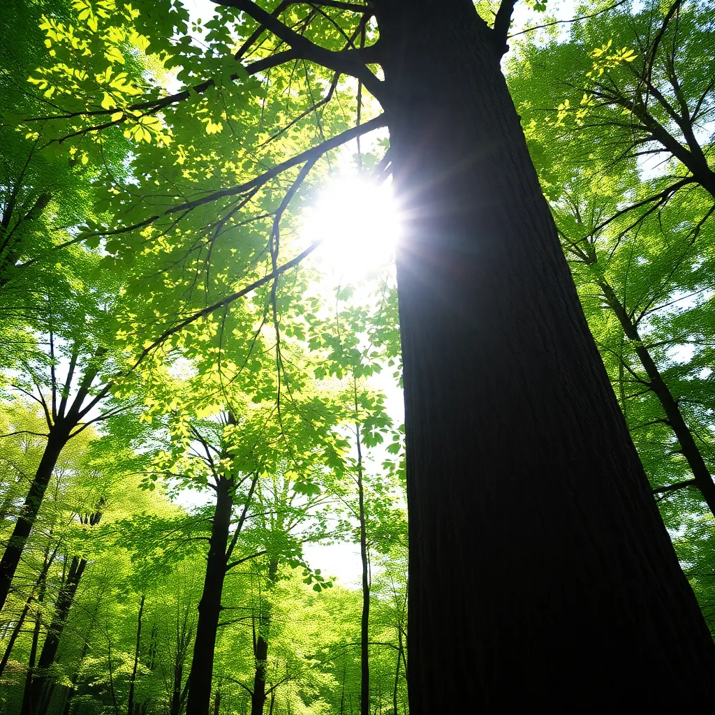 Large tree trunk with sunlight shining through green leaves in a forest