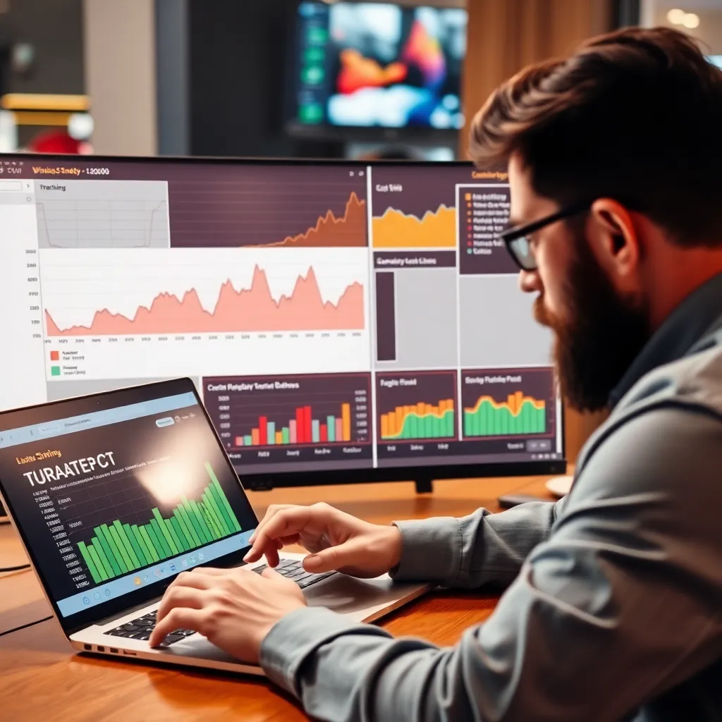 Graph and charts showing winning trends and strategy with a player analyzing data on a laptop
