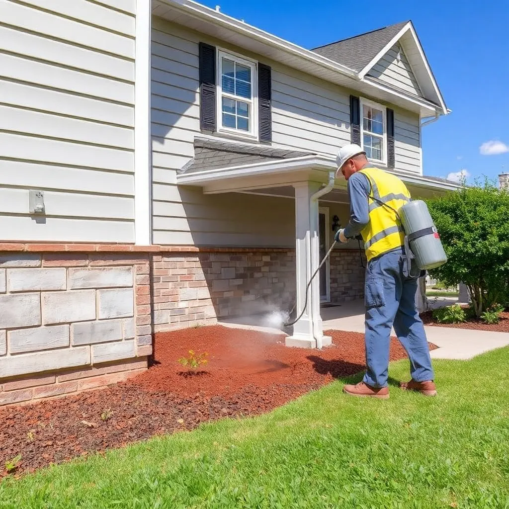 Insect barrier treatment being applied around the foundation of a house by pest control technician