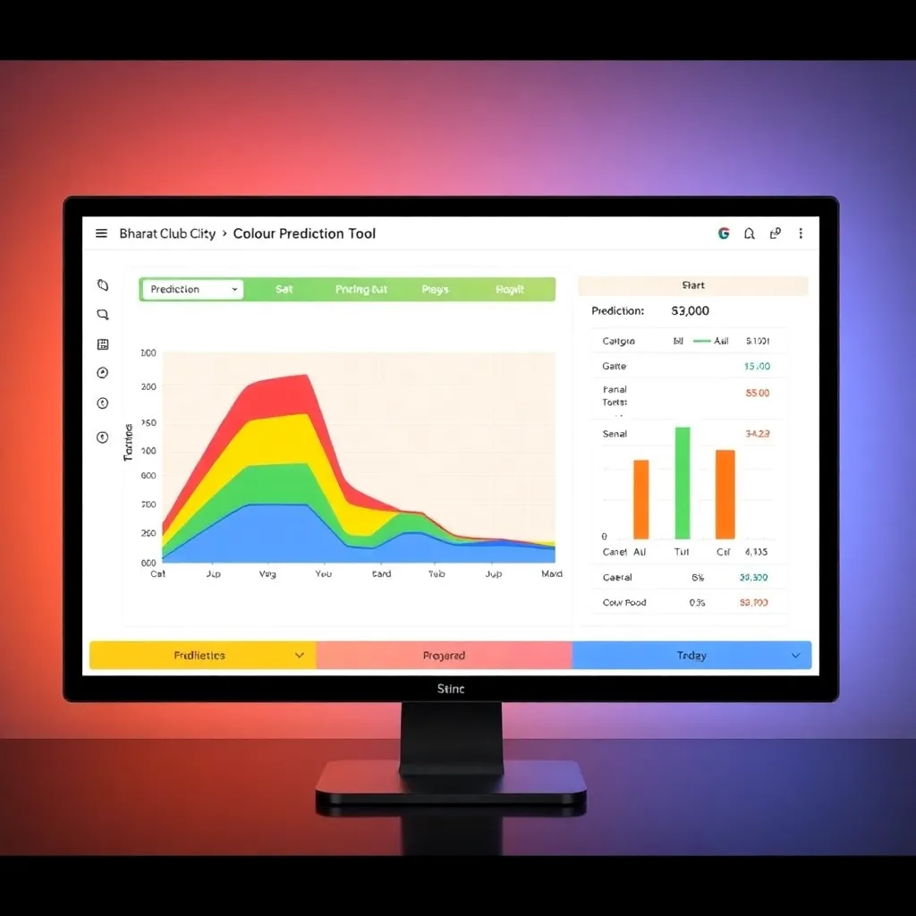 User interface of BharatClub's Colour Prediction Lottery Tool showing colorful graphs and prediction statistics on a digital screen
