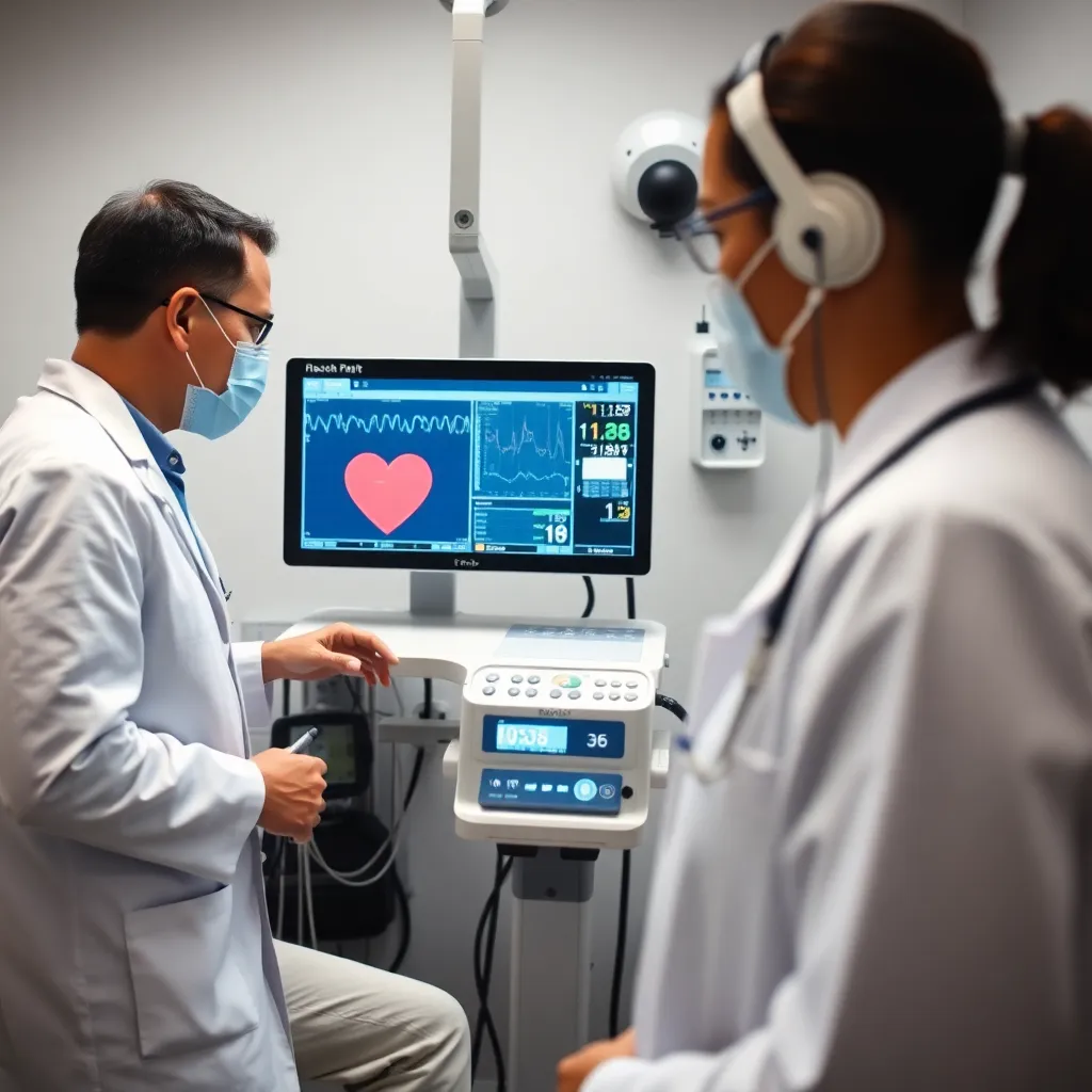 Cardiology department with heart monitor and doctor consulting patient, modern medical equipment