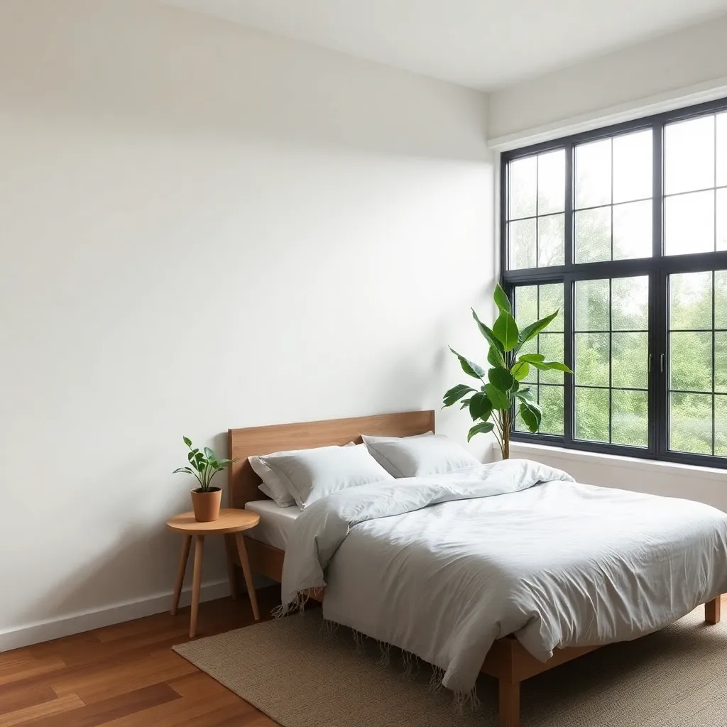 Bedroom with bed, side table, plants, and large window with natural light
