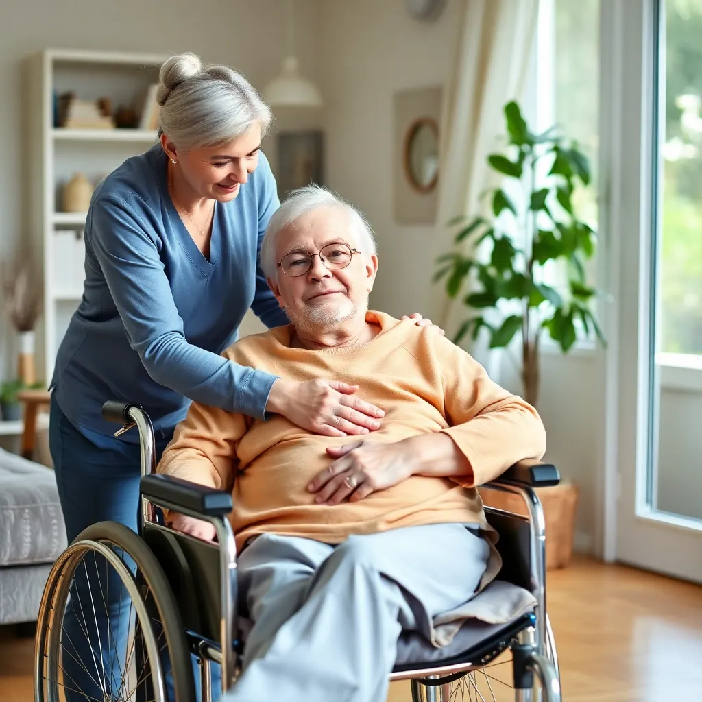 Patient in wheelchair being assisted by a caretaker in a bright home setting, showing care and support