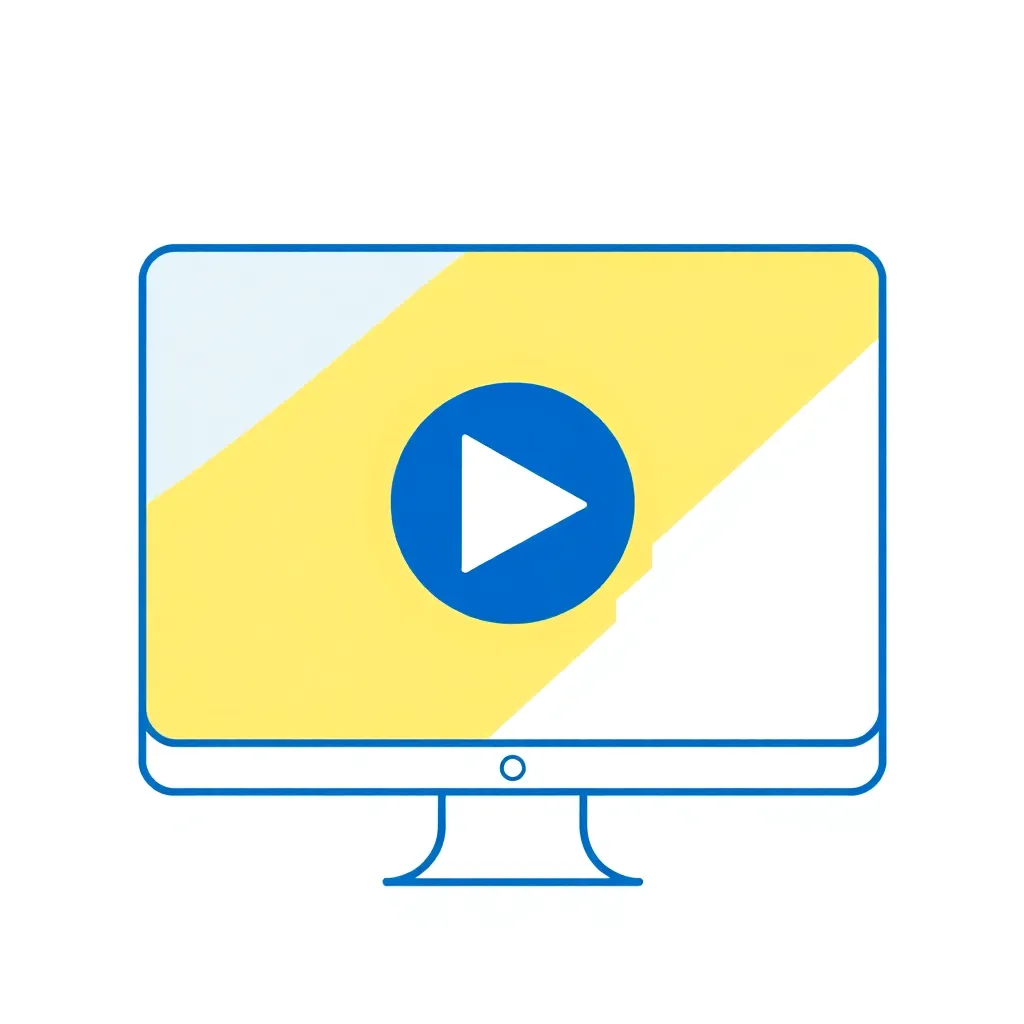 Illustration of a computer screen with a play button in blue and yellow colors