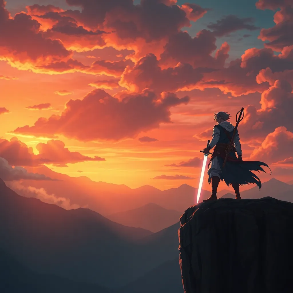 Epic anime warrior standing on a cliff with a glowing sword, dramatic sunset sky with clouds and mountains in the background