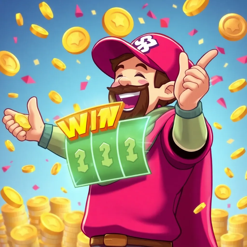 Gamer celebrating a winning streak with bonus rewards, confetti, and coins flying around