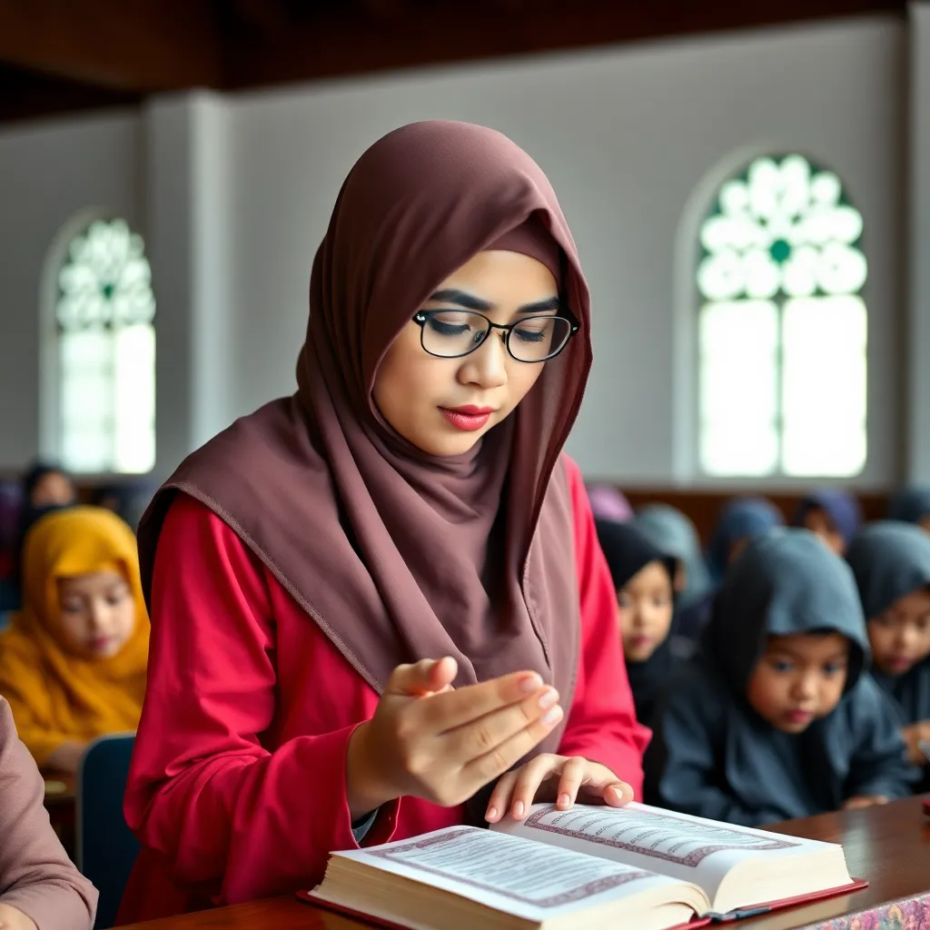 Seorang guru wanita mengenakan jilbab mengajar anak-anak membaca Al-Qur'an di kelas yang cerah dan penuh semangat