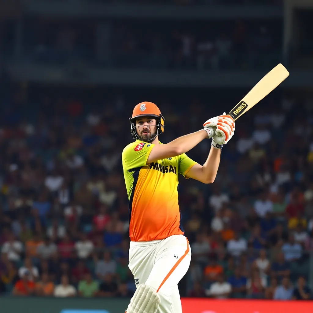 Mitchell Marsh hitting a powerful cricket shot in a packed Narendra Modi Stadium during IPL 2025