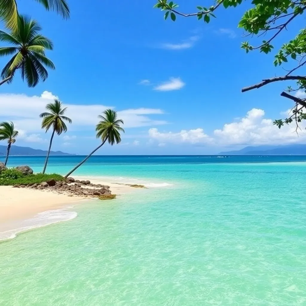 Pemandangan pantai tropika dengan matahari terbenam dan pokok palma di Homestay Tok Bidin Langkawi
