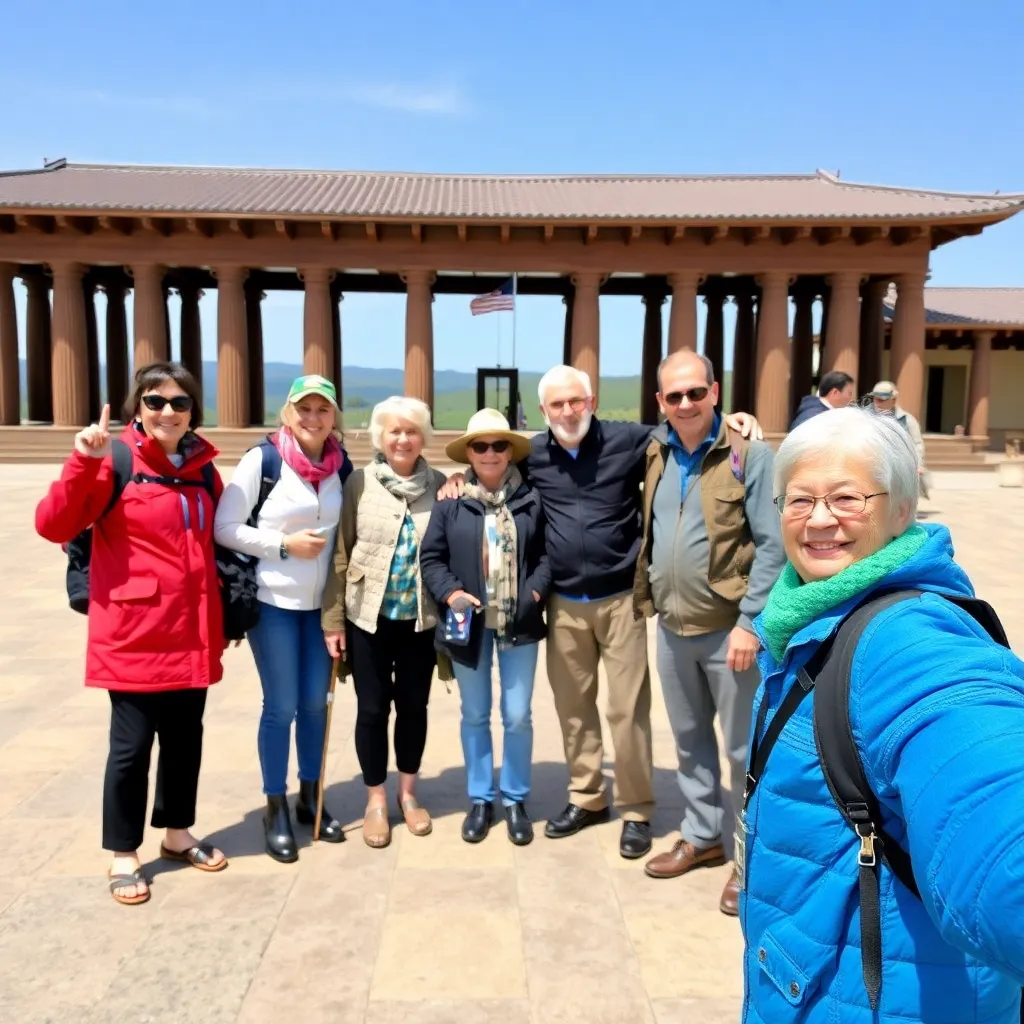 Family and senior travelers posing outside