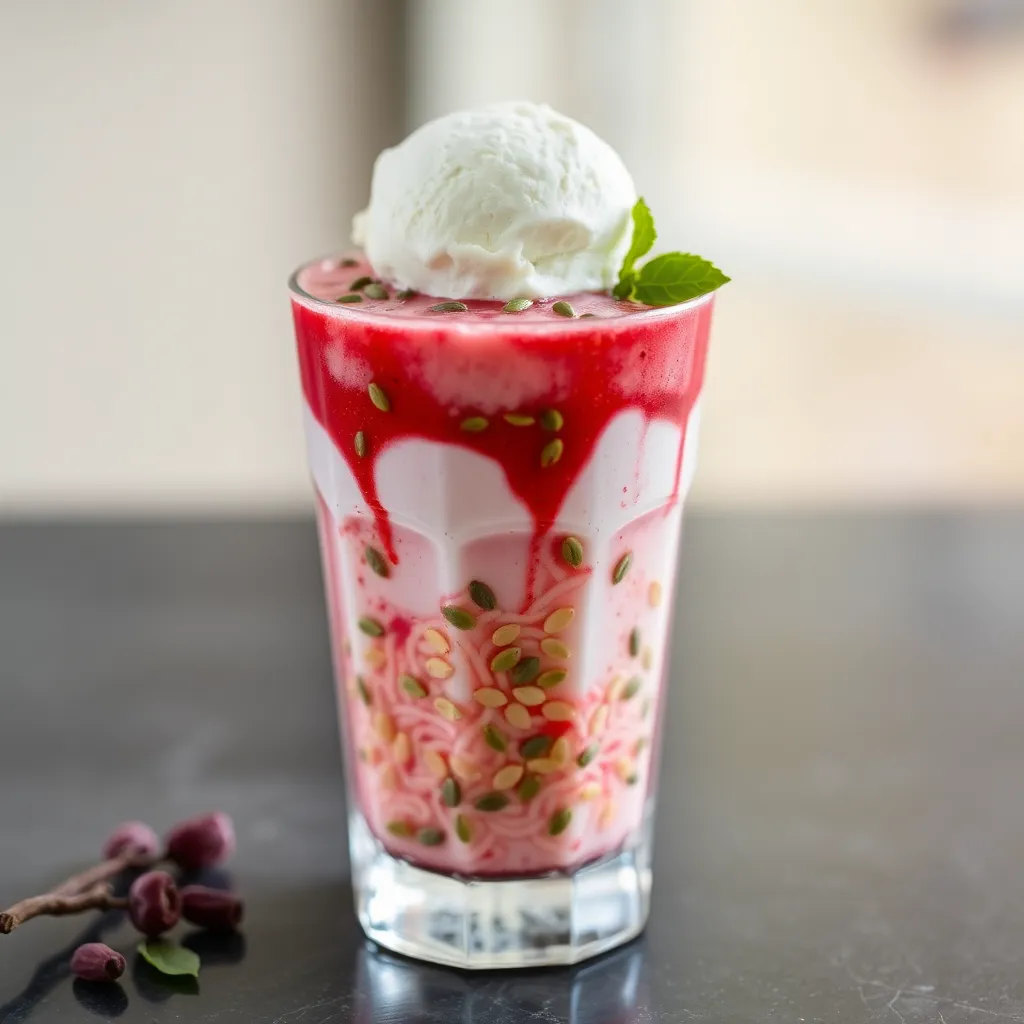 Glass of falooda dessert with rose syrup, vermicelli, and basil seeds topped with ice cream