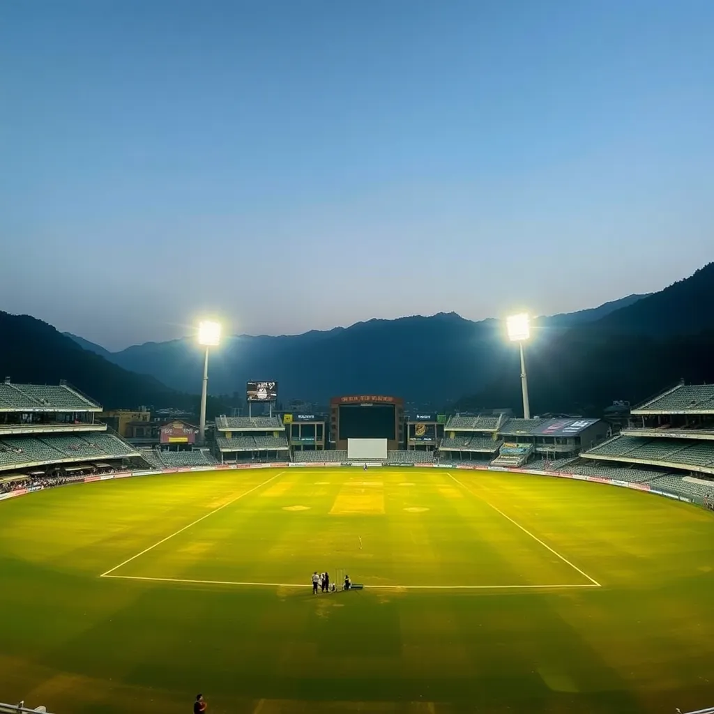 Wide shot of Himachal Pradesh Cricket Association Stadium in Dharamsala during a cricket match with floodlights and mountainous backdrop