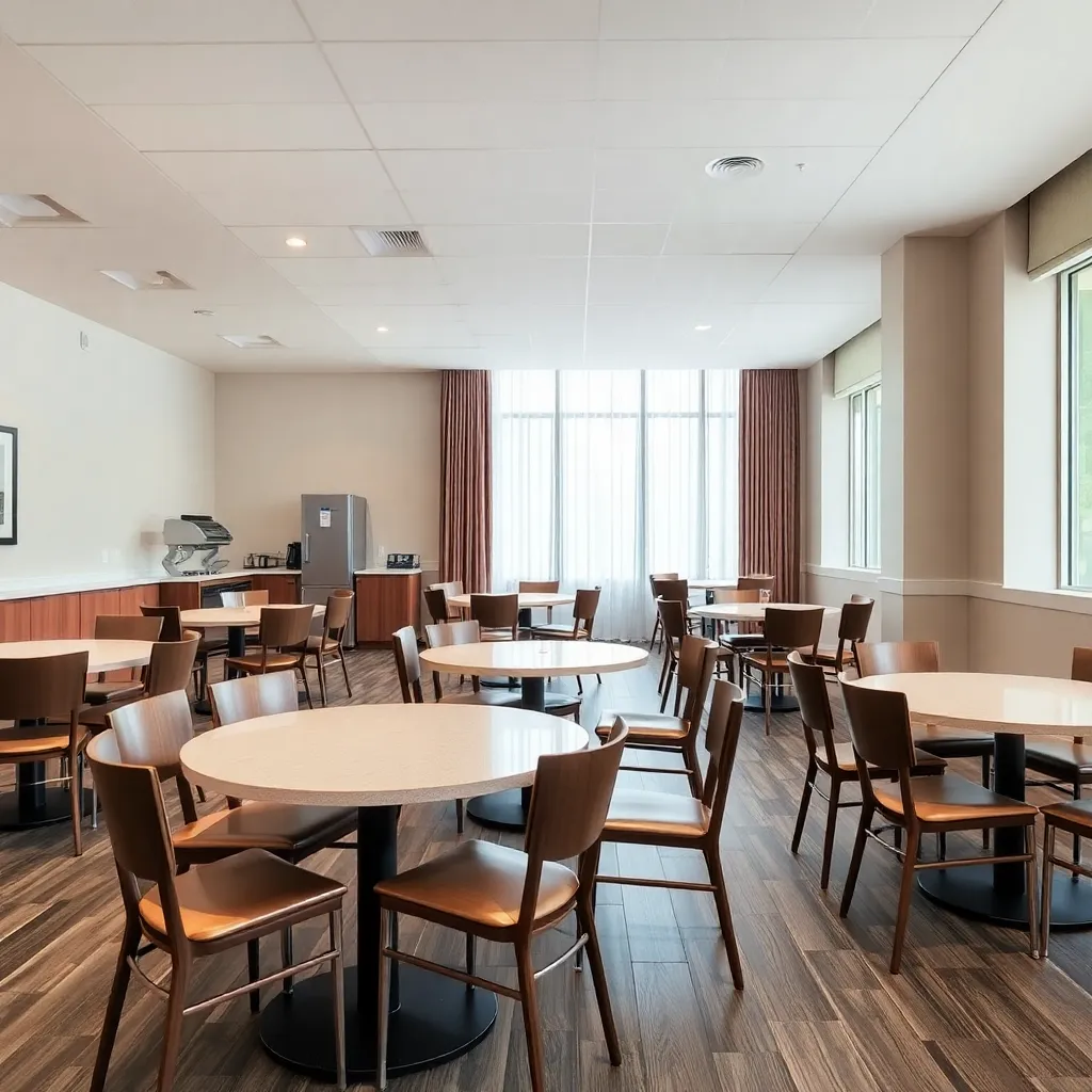 Mess dining area with tables and chairs, well-lit and spacious