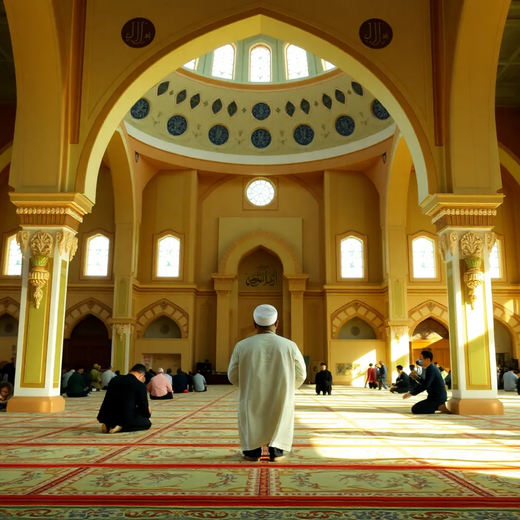 Seorang imam memimpin salat berjamaah di masjid dengan jamaah yang khusyuk dan interior masjid bernuansa Islami