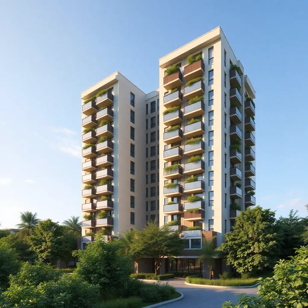 Image of a modern residential building with lush green surroundings