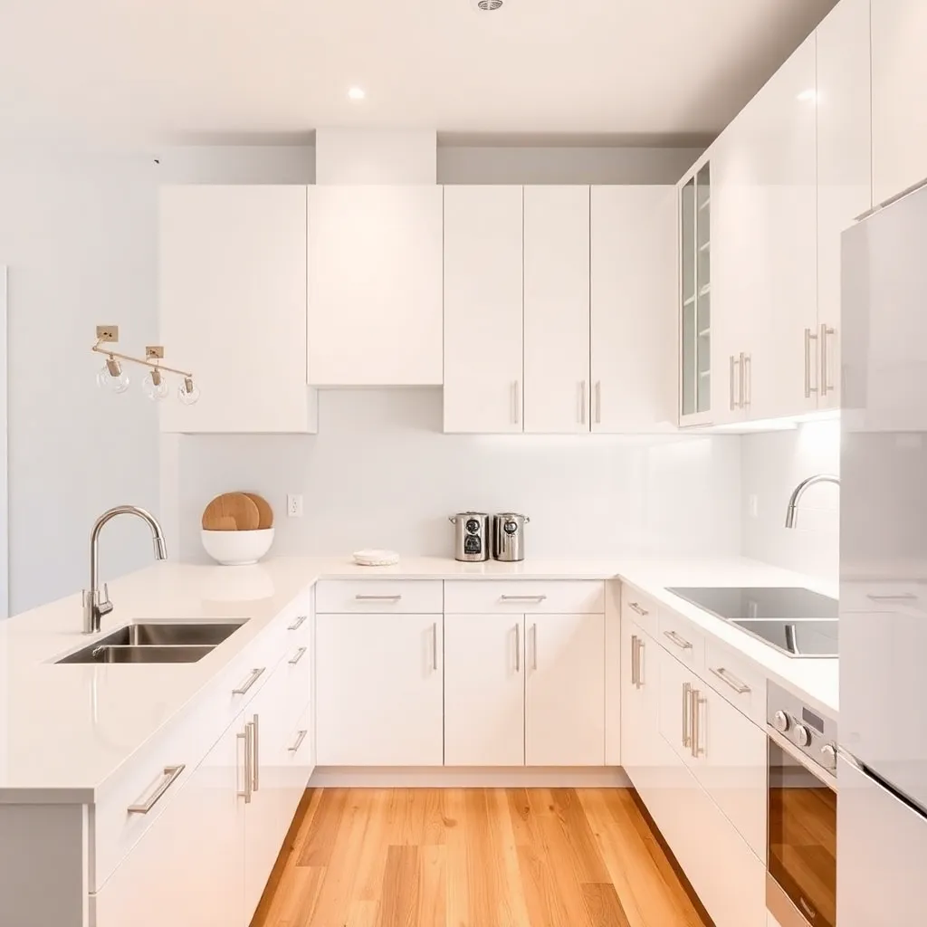 Modern white kitchen with clean cabinets and appliances on the right side