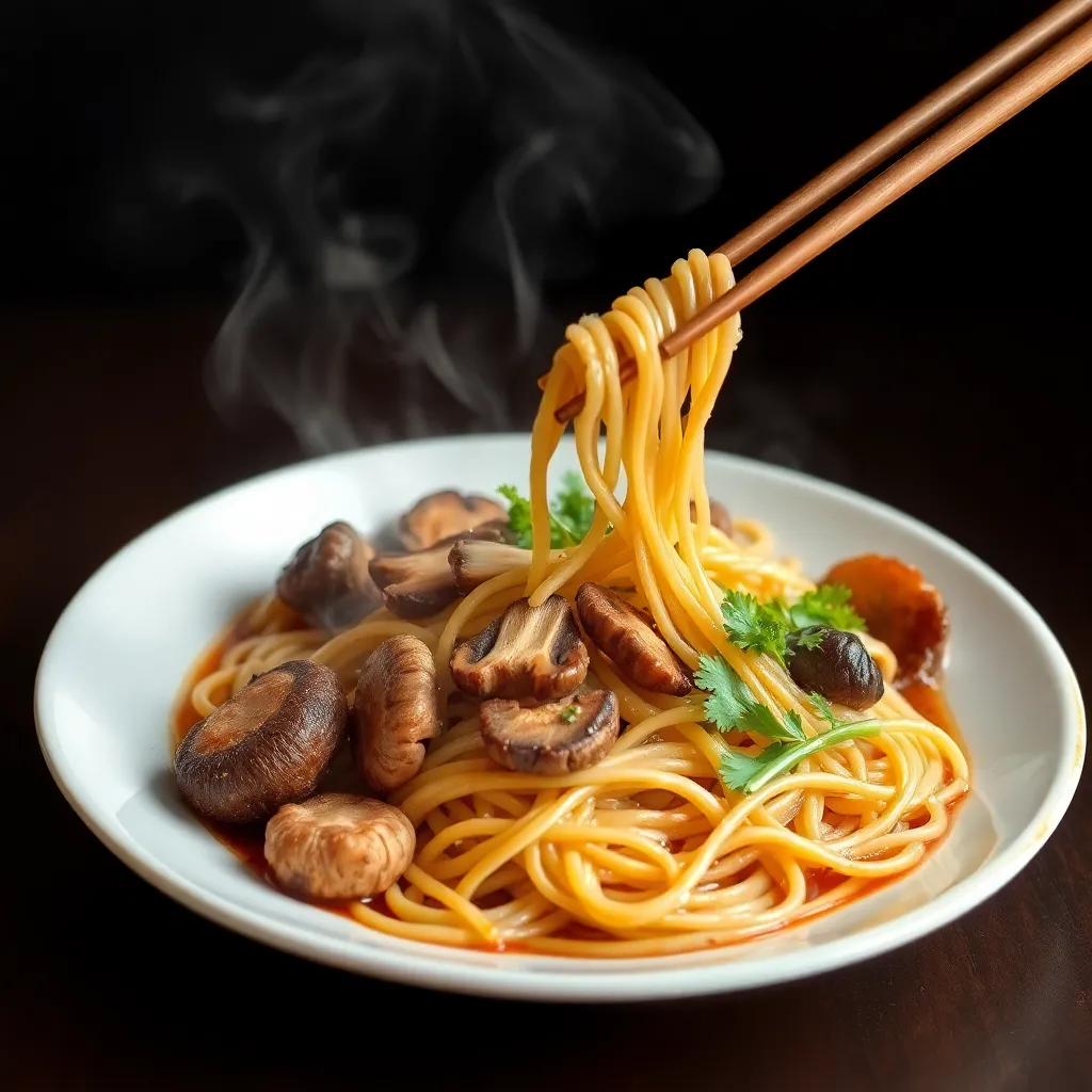 Plate of Mie Tek Tek Jamur with noodles and assorted mushrooms on white ceramic plate
