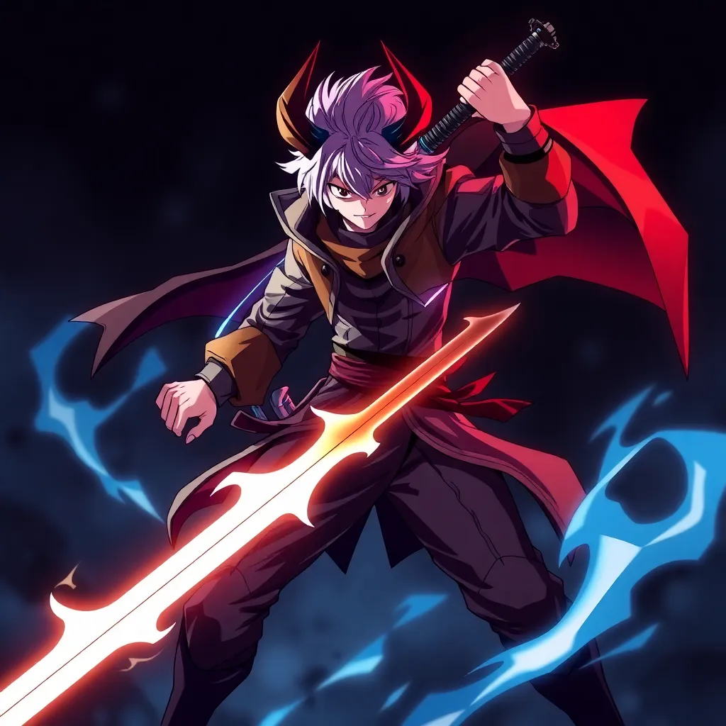 Demon Slayer anime character in dynamic battle pose with glowing sword and dark background