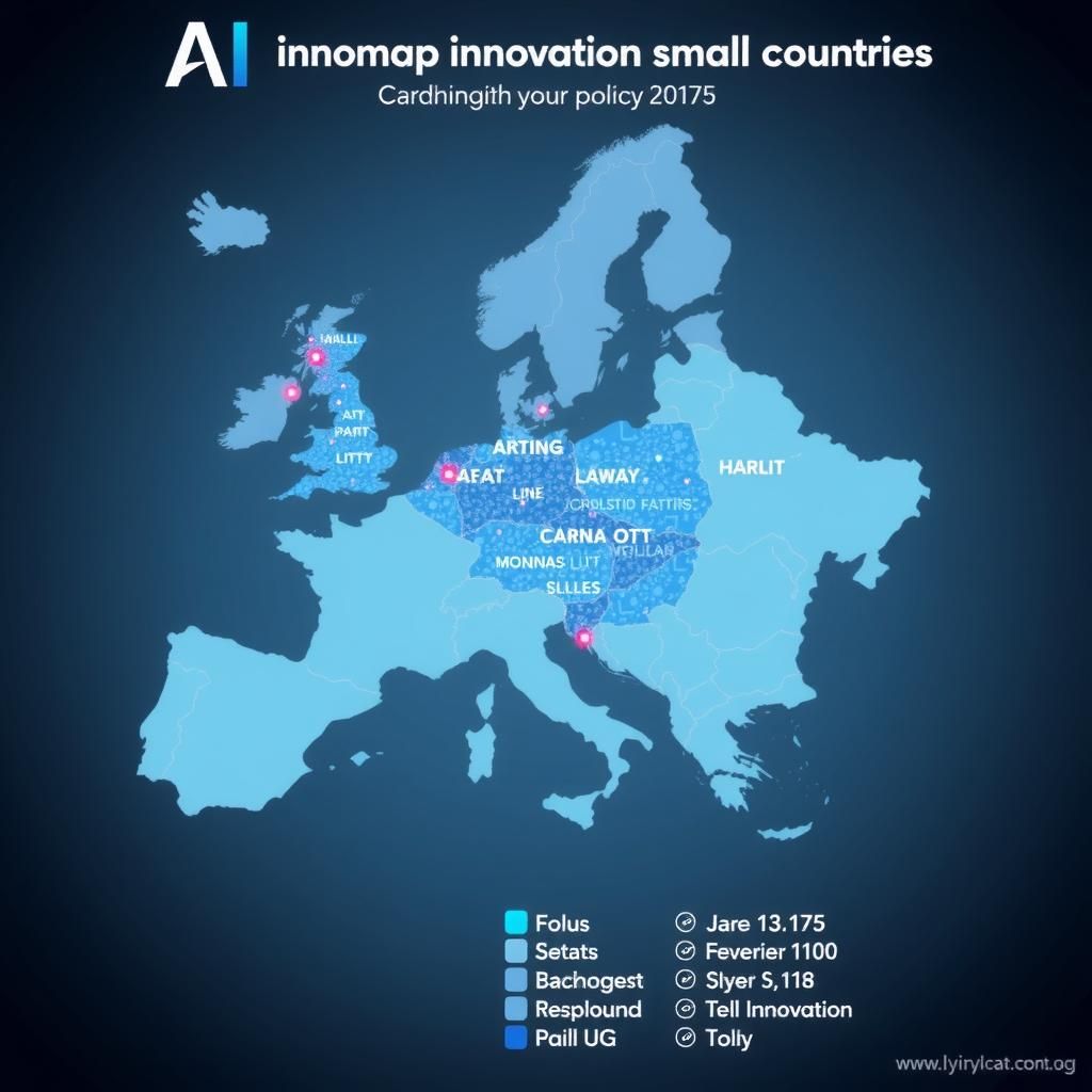 A map highlighting small countries leading in AI policy innovation with digital data overlays