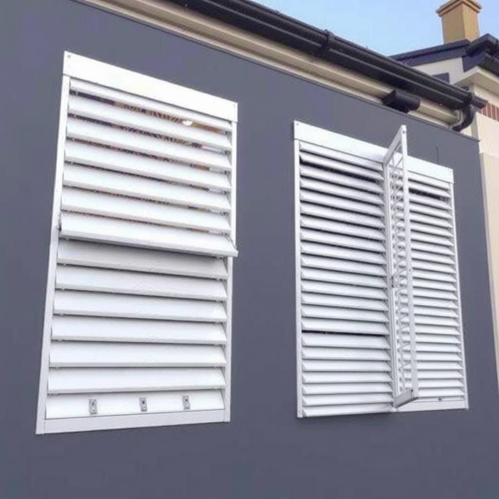 Image of a stylish aluminium louvered shutter system on a modern building
