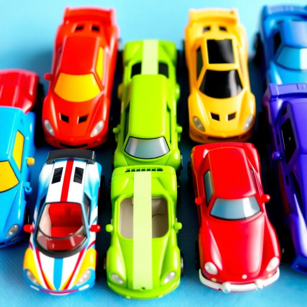 Image of a toy car set with multiple colorful toy cars