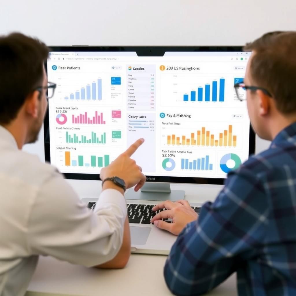 Two people pointing at a laptop screen displaying charts and graphs