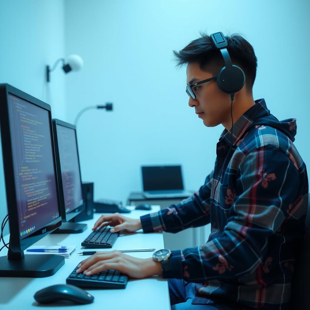 Gambar seorang programmer yang sedang bekerja di depan komputer dengan kode di layar